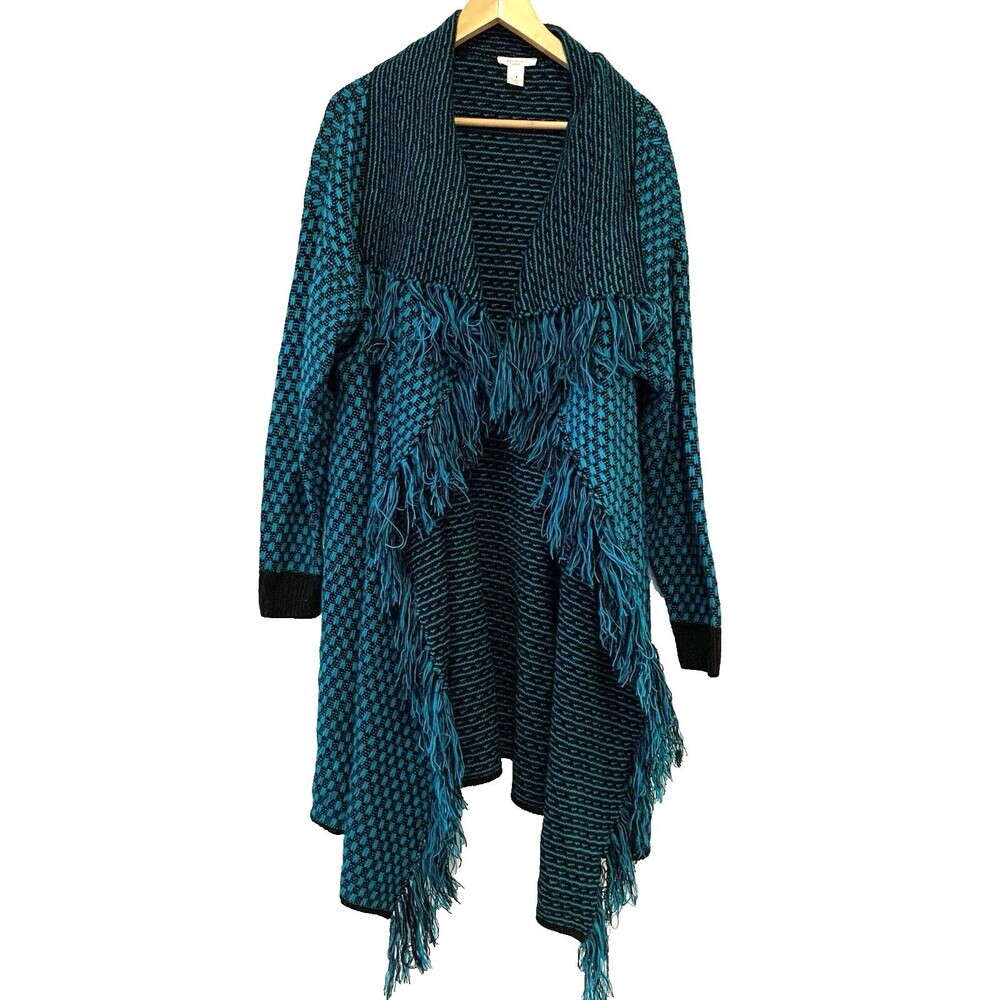 Westbound Sweater Wrap Womens One Size Black/Green Knit Fringe Basketweave